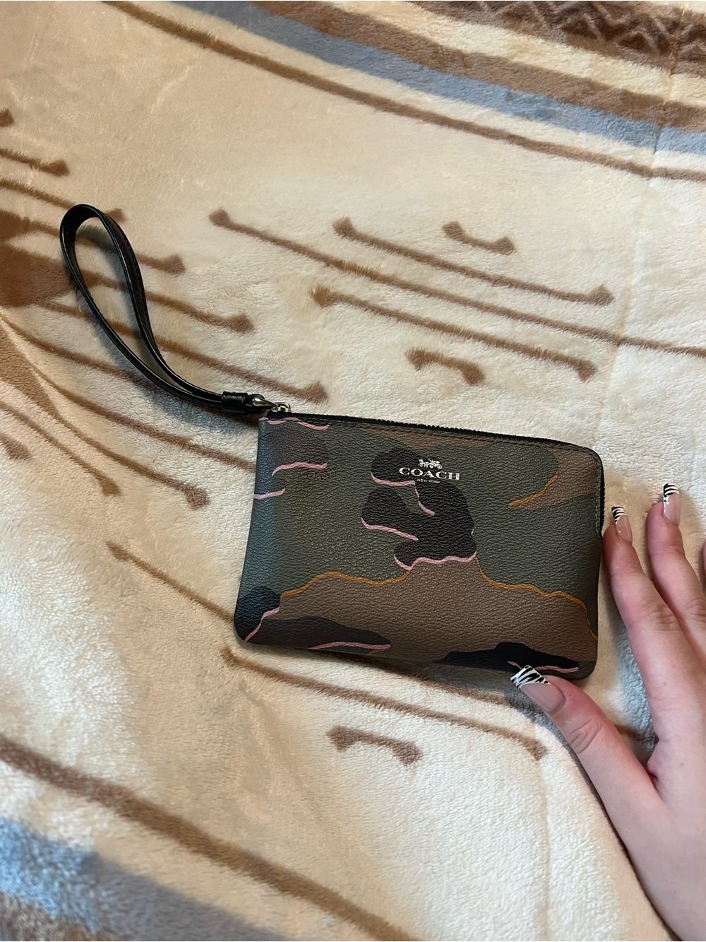 Coach Camo Leather Wristlet in Brown, Green & Pink